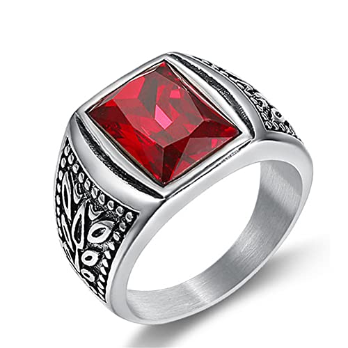 SINLEO Men's Stainless Steel Vintage Cubic Zirconia Signet Ring Black Red Green Emerald Color Square Stone Ring, Red Size 7