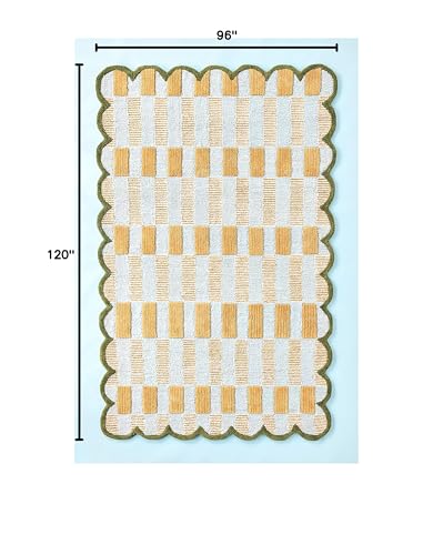 Image of Hand Tufted Checkered 100% Wool Area Rug with Scalloped Edges - 8x10 Ft | Rectangular Light Blue Base, Mustard and Beige Blocks, Olive Green Scalloped Edge, Cotton Backing 10 -15 mm Plush Pile Carpet