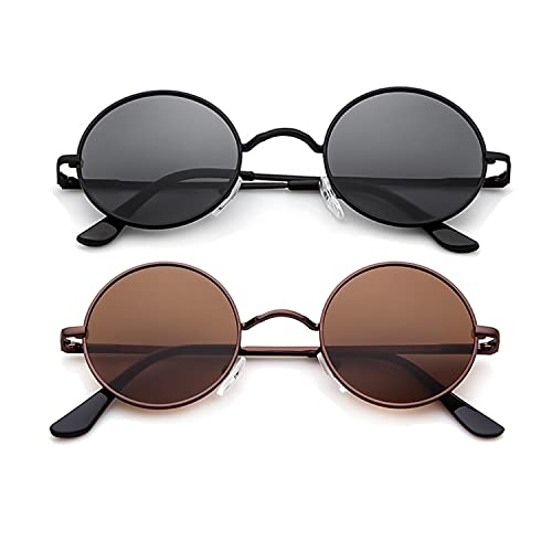 Retro Round Sunglasses Polarized for Women Men John Lennon Style Glasses Metal Frame Spring Hinge (black & vintage brown)