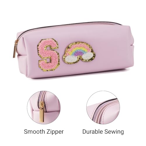 Image of AICA Gifts Personalized Leather Pencil Pouch (Purple) with Embroidered Alphabet & Patch | Pencil Pouch for Kids | Birthday Gift | Birthday Return Gift |Gift for Kids Age 6-10