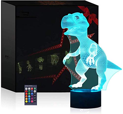 Lámpara de ilusión óptica 3D Lámpara de noche LED, lámpara de mesa de escritorio de 7 colores Luces de escultura de arte LED para niños con cable USB y control remoto - Regalos perfectos (dinosaurio)