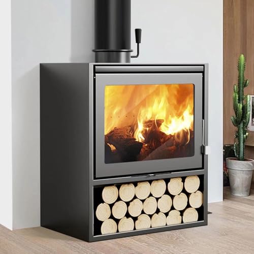 Poêle à Bois Libre Installation, en Fonte Noire, Puissance de Chauffage 10 KW, Couverture 20 à 25 m², 60×49×85 cm Noir