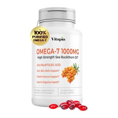 Vitapia Omega 7 Sea Buckthorn Berry Oil 1000mg for Hair, Skin, Nails, Heart Health Support - 34% Palmitoleic Acid & Natural Omega 3 6 9 Fatty Acids Supplement - 120 Capsules, Non-GMO, Gluten-Free Cover