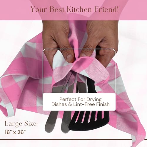 Image of Buffalo Check 4 Pack Kitchen Towels, 16 inchx26 inch, Plaid Dish Towels, 100% Cotton, Absorbent, Washable, Everyday Kitchen Essentials, Soft Cloths for Cleaning, Drying Hands, Pink White