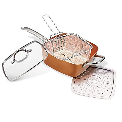 Casserole multifonction en cuivre super résistant anti-adhésif et anti-rayures avec accessoires – Poêle pour utilisation au four, au gaz ou à induction – 08