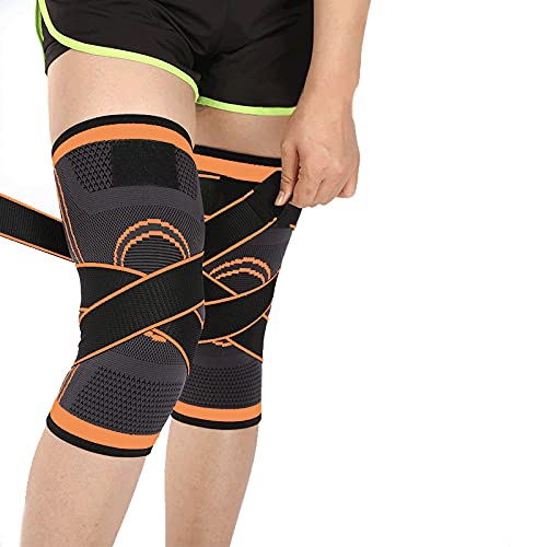 2 Pack Knee Compression Sleeve | Knee Brace for Men & Women | Knee Support for Running, Basketball, Running, Cycling Gym, Workout, Sports (Orange, Large)