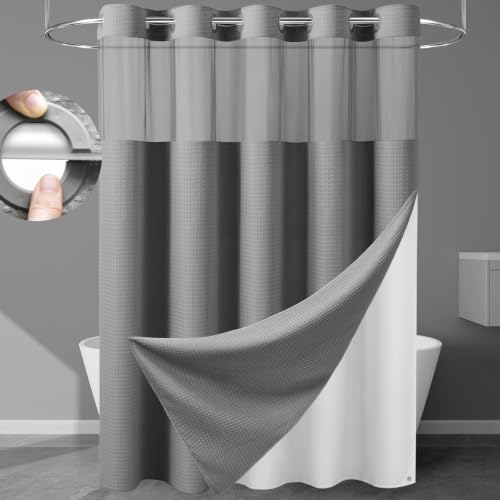 EUTXL 256GSM Heavyweight Waffle Weave Shower Curtain with Snap-in Liner Extra Thick & Luxury Weighted Fabric Bath Curtain Set 71W x 74H Grey