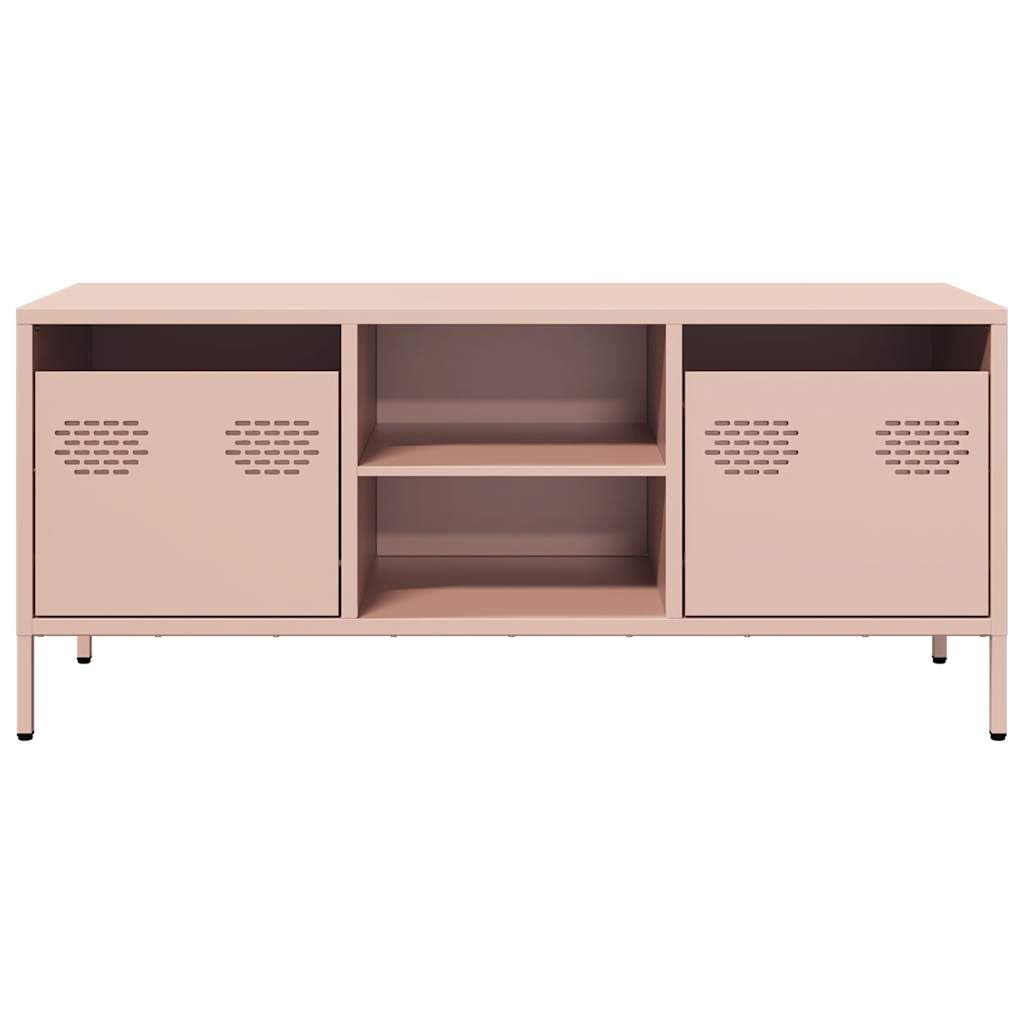 Mobile TV rosa in acciaio laminato a freddo, 101,5 x 39 x 43,5 cm, con 2 cassetti e 2 scomparti, moderno mobile basso per soggiorno e camera da letto, salvaspazio, con piedini per HiFi