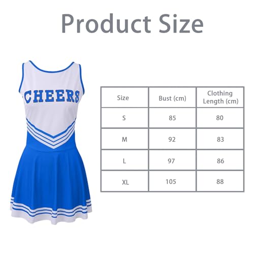MUNSKT Cheerleader-Kostüm, Cheerleader-Outfit mit Pompons, Cheerleader-Kostüm für Damen und Mädchen, Uniform, Highschool-Kleid, Cheerleader-Outfit, Erwachsenenkostüm (Blau, S)
