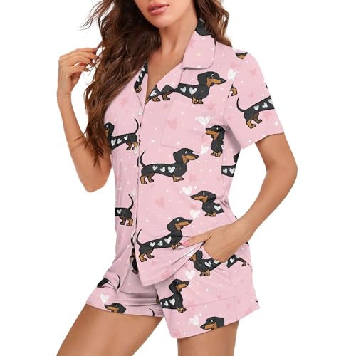 Image of Pjs Womens Short Sleeve Button Down Pajamas Set Two-Piece Nightwear with Pockets