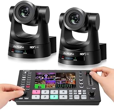 FoMaKo NDI PTZ Camera,30X Optical Zoom, AI Auto Tracking HDMI PTZ Camera2pcs, M4 Video Mixer Switcher,for Church Worship Live Services Education Events,NDI PTZ BundleKN30A X2+M4