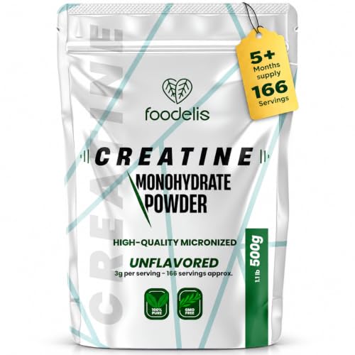 Foodelis Creatina Monohidratada 500 g en Polvo, 166 Dosis de 3 g, Sin Sabor | Micronizada 200 Mesh · Sin Aditivos · Con Dosificador