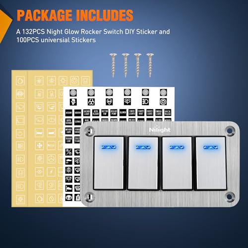 Image of Nilight 4 Gang Rocker Switch Panel 3 Pin On Off Pre-Wired Blue LED | Waterproof Aluminum Toggle Switches with DIY Stickers for 12V 24V Automotive Cars Marine Boats UTV Truck Jeeps