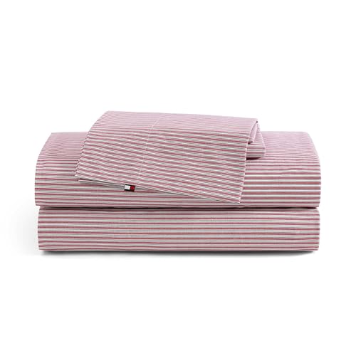 Image of Tommy Hilfiger - Sheet Set, Cotton Percale Bedding with Matching Pillowcases, Crisp & Cool, Premium Quality Home Essentials (Highland Ticking Stripe Red, Twin XL)