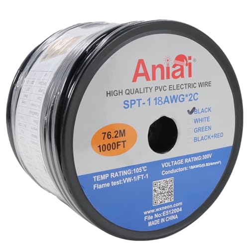 Aniai 1000FT 18/2 SPT-1 Wire - Black UL Listed Electrical Wire