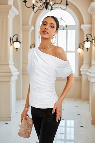 Image of GRACE KARIN One Shoulder Summer Tops for Women Ruched Batwing Asymmetrical Tops Dressy Casual Party Shirts