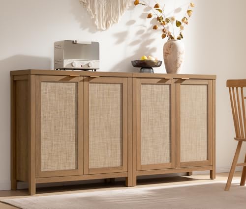 Image of SICOTAS Sideboard Buffet Cabinet with Large Storage : Boho Rattan Credenza Coffee Bar Storage Cabinet with Adjustable Shelves, Farmhouse Console Cabinets for Kitchen, Living Room, Entryway, Oak, 2 PCS