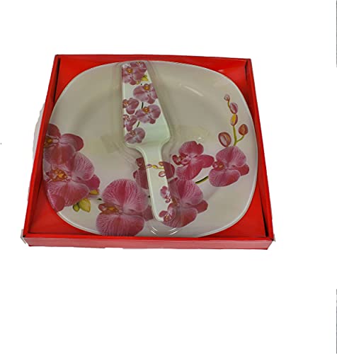 Présentoir À Gâteaux Avec Sa Pelle À Gâteau En Verre, Plateau À Gâteau Ou Tarte -30X30cm- Motif Orchidée, Présenté Dans Son Coffret Cadeau En Carton Et Pvc, Noël, Fête. Plat De Service Blanc Et Mauve