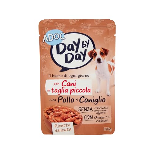 Adoc Day by Day, Alimento Umido Completo per Cani Adulti, Bocconcini con Pollo e Coniglio, 24 Buste da 100 g, Ingredienti Naturali, Senza Conservanti e Coloranti