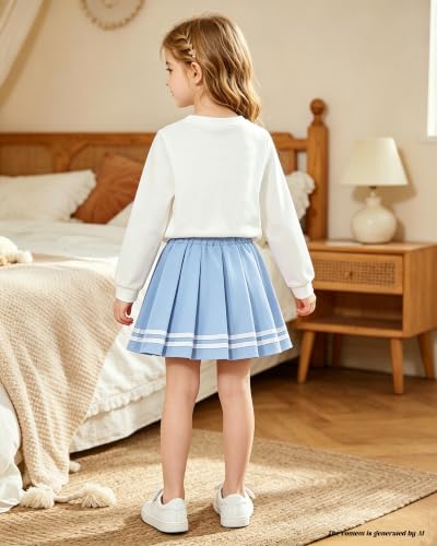 Image of Betusline Girls Skirt Set JK School Uniform 2-Piece Outfit - Short Sleeve & Webbing Solid Skirt,4-14Y