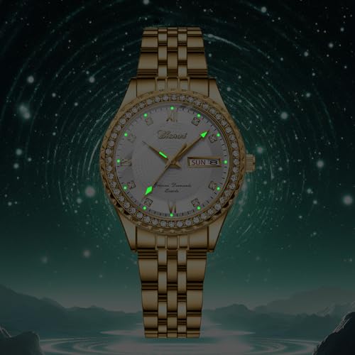 Image of JewelryWe Couple Gold Quartz Watch: Business Analog Full Diamond Day Date 3ATM Waterproof Luminous Hands Stainless Steel Removable Strap Casual Wrist Watch for Father's Day