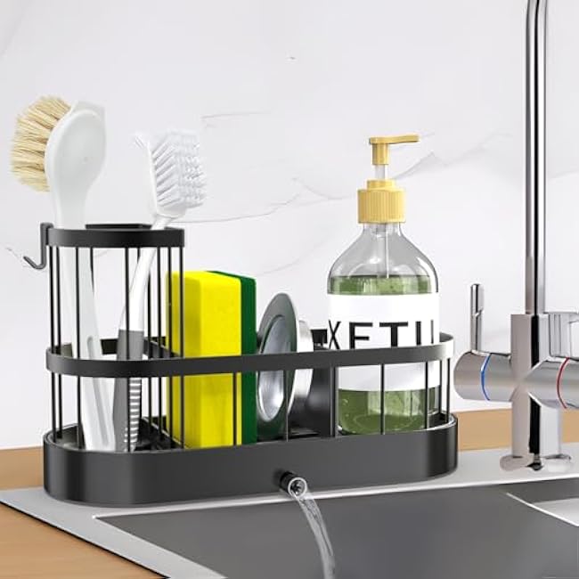 Sponge Holder for Kitchen Sink, Stainless Stee Sink Caddy with High Brush Holder, Self-Draining Sponge Caddy, Soap Dispenser Storage, Kitchen Accessories for Organization (Black, L)