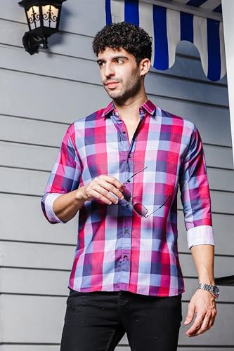 Image of IndoPrimo Men's Cotton Shirt with Spread Collar Neck Line Checks Printed Pattern Half Sleeves Regular Fit Western Style and Standard Length