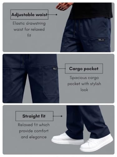 Image of Cargo for Men | Cotton Cargo Pant | Lower for man | Elastic Drawstring Waist Straight Fit Bottoms | Comfortable Breathable Cargos for Casual, Office Wear