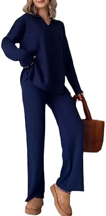Womens 2 Piece V-Neck Casual Slit Knitted, Long Sleeve V Neck Knit Pullover And Wide Leg Pants Lounge Sets