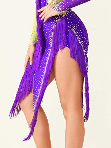 Custom Size, Small Shoulder Strap, Backless, Diamonds, Contrasting Color, Asymmetrical Tassel Skirt For Professional Competition Latin Dress Purple #TOP29
