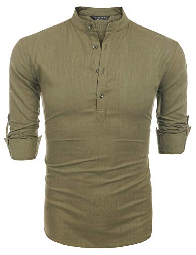 Coofandy Men's Cotton Linen Henley Shirt Long Sleeve Hippie Casual Beach T Shirts Army Green #TOP6