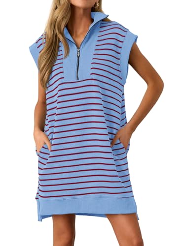 Image of Wenrine Womens Striped Mini Dress Casual Zipper Cap Sleeve Collared V Neck Loose Knit Summer Dresses