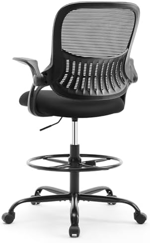 Sweetcrispy Tall Drafting Desk Chair - Ergonomic High Stool Computer with Adjustable Height and Comfy Lumbar Support, Office Rolling Counter with Flip-up Arm and Footrest, Black