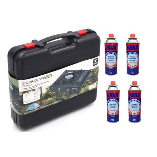 UBOON Cocina Portatil, Cocina De Gas Portatil, Cocina 2 en 1, Disponible Uso Butano, Estufa Camping, Ligero y Fácil de usar, Maletín De Almacenamiento (Con 4 Cartuchos de Gas Butano 227g)