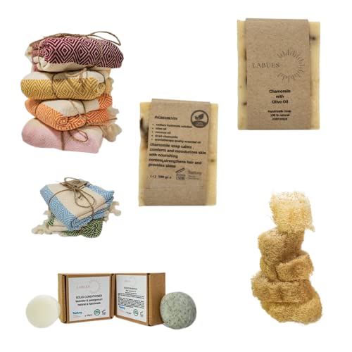 LABUES Natural Handmade Gift Set – Travel Size Shampoo Bar and Conditioner-10-15 hair washes, Hand Made Chamomile Soap, Natural Loofa and Turkish Face Towel – Calms, Comforts and moisturizes LABUES Natural Handmade Gift Set – Travel Size Shampoo Bar and Conditioner-10-15 hair washes, Hand Made Chamomile Soap, Natural Loofa and Turkish Face Towel – Calms, Comforts and moisturizes