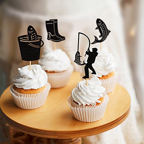 Keaziu 24 Pack Black Fishing Cupcake Toppers Outdoor Fishing Cupcake Topper For Fisherman Boy Girl Birthday Party Decoration Supplies #TOP4