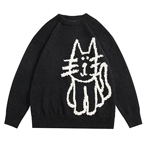 Aelfric Eden Women's Pullover Sweater Hand Drawn Cat Graphic Printed Oversized Sweater Fall Winter Fashion Couple Tops Black X-Large - image 1