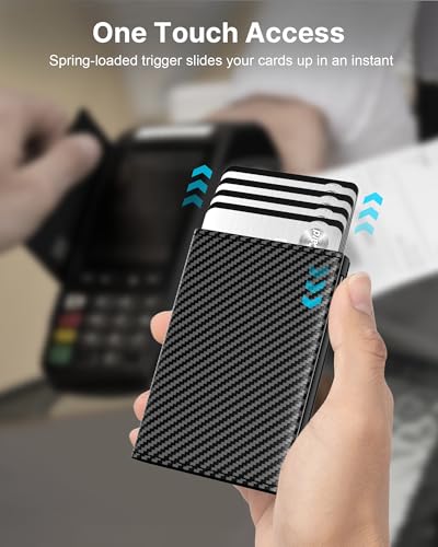Image of typecase Mens Wallet Card Holder: Pop Up Aluminum Case, Genuine Leather, Smart, RFID Blocking, Slim, Minimalist, Front Pocket - 9-14 Card Capacity | ID Window | Cash Slot (Carbon Fiber Navy)