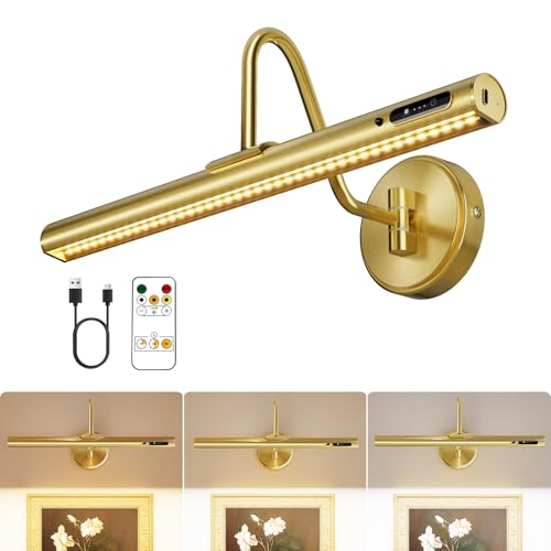 VOLISUN Picture Lights for Wall, 15.7'' Rechargeable Picture Light Battery Operated, 3 Color Temps Cordless Picture Light with Remote, Magnetic Art Light for Painting, Gallery, Portrait, 1 Pack(Brass)