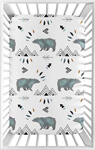 Image of Sweet Jojo Designs Blue White Watercolor Baby Boy Fitted Mini Portable Crib Sheet Bear Mountain Collection - for Mini Crib or Pack and Play ONLY