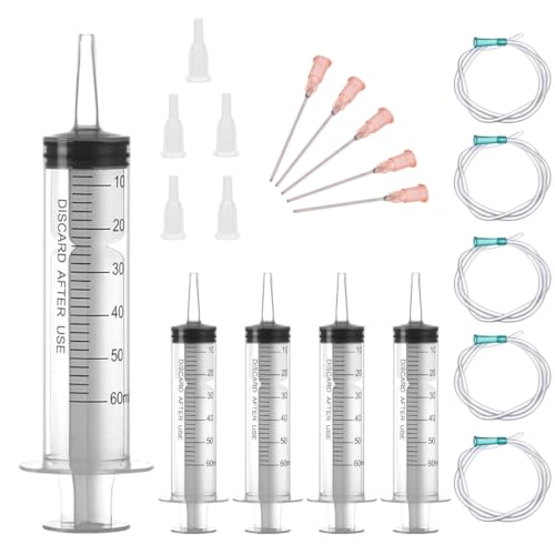 5 jeringas de 60 ml/cc con tubos y agujas romas, reutilizables, envases individuales, estériles, líquidos de medición, riego de plantas, alimentación animal, laboratorios científicos, industria, 5