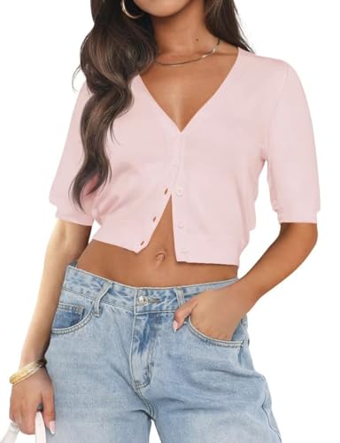 Image of LEEDYA Summer Cardigans for Women Lightweight Short Sleeve Open Front Knit Cropped Sweaters V Neck Button Up Bolero Shrug Top