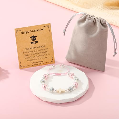 Image of Class of 2026 Graduation Gifts for Girls, Natural Cross Beads Charm Bracelet Middle High Kindergarten Preschool School Gifts Jewelry for Her