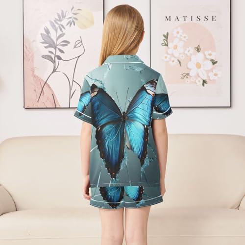 ALAZA Blue Butterfly 3d Satin Pajamas Set Short Sleeve Button Down Sleepwear Summer Pjs 2 Piece4
