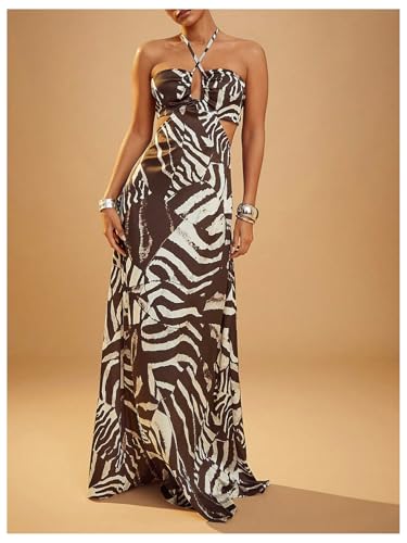 Verdusa Women's Cut Out Ruched Halter Dress Zebra Striped Backless Sleeveless Flowy Dresses4