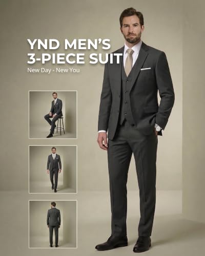Image of YND Men's 3 Piece Suit with Tie, Solid Color Slim Fit Jacket Vest and Pants