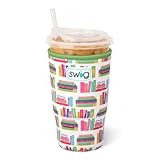 Swig Life Large Iced Cup Coolie, 30-32oz Iced Coffee Cup Insulator Sleeve with Handle, Neoprene Insulated Coolie Keeps Drinks Cold (Book Club)