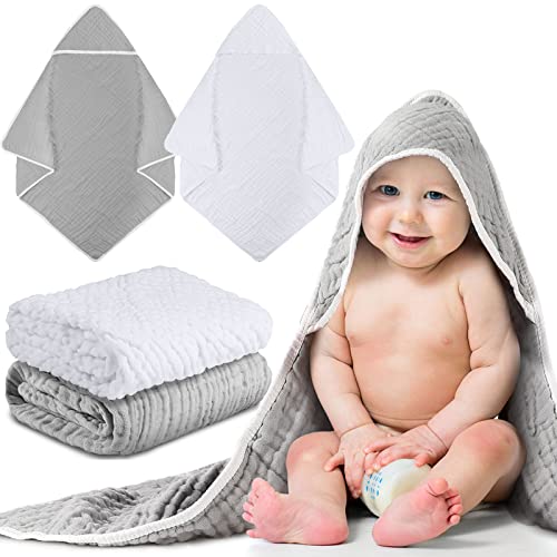 Image of Chumia 2 Pieces Muslin Hooded Baby Towels for Newborn Girls Boys 32"x 32" Cotton Infant Bath Towel Absorbent Unisex Hooded Blankets for Babies Toddler, Newborn Registry Baby Gift (White,Gray)