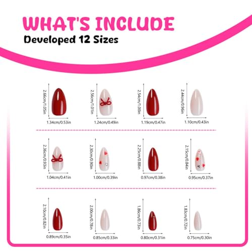 Image of Red Press on Nails Bow Fake Nails with Heart Design Medium Almond Nail Press ons Reusable Glossy Full Cover Valentines Glue on Nail for Women Girls Manicure 24Pcs