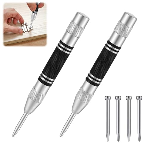 2 Pièces Outil de Marquage pour Métal, Pointeau Automatique, Pointeau Automatique en Acier Durable avec Mécanisme de Tension Réglable, Pointeau Central Automatique avec 4 Embouts de Rechange
